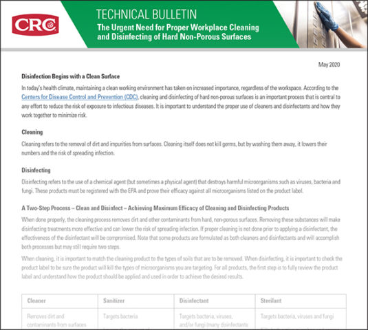 CRC Industries new technical bulletin entitled, ‘The Urgent Need for Proper Workplace Cleaning and Disinfecting of Hard Non-Porous Surfaces’. 