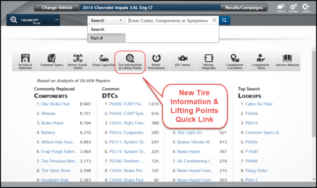 The latest software release of ProDemand auto repair information from Mitchell 1 includes a new Quick Link for tire information and lifting points