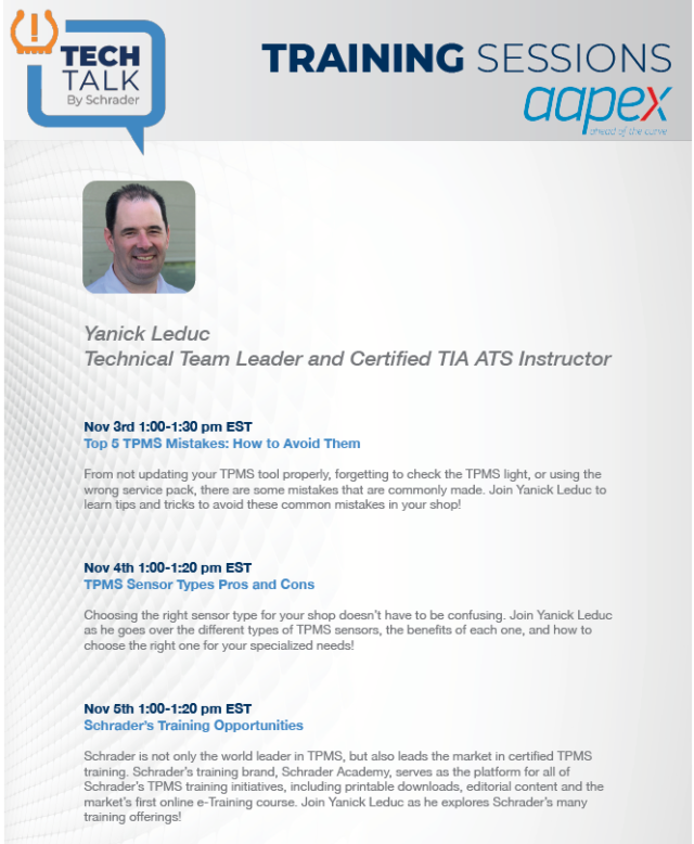 TPMS Tech Talk  AAPEX Sessions. 