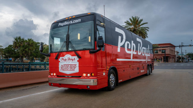 Major U.S. aftermarket chain Pep Boys is celebrating its 100th year in business and it has decided that a key part of this months-long celebration will be an old-school bus tour. 