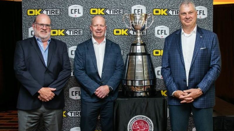 (From left to right) Jim Bethune, President and CEO – OK Tire, Shayne Casey, Board Chair – OK Tire, and Randy Ambrosie, Commissioner – CFL (Kelly Clark/cfl.ca)

