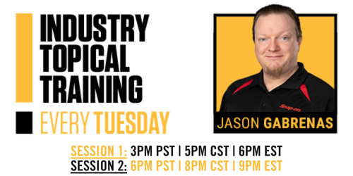 Snap-on has updated its Tuesday Topic Training webinar schedule for the first quarter of the year with a variety of new subjects that Diagnostics National Trainer Jason Gabrenas will present two times each week. 